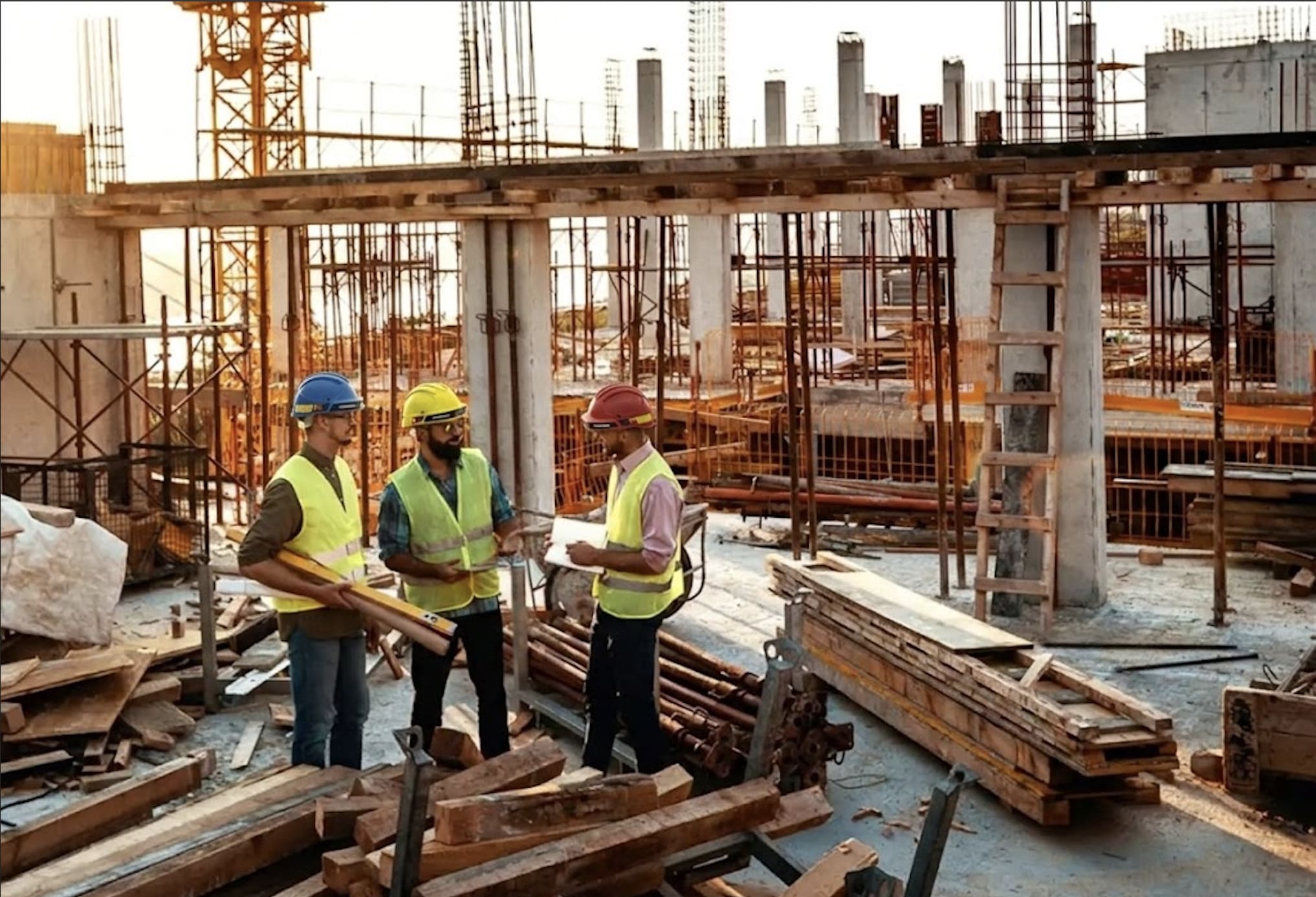 Construction workers wearing smart helmets on an active site