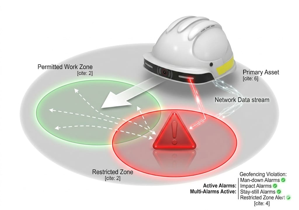 Geofencing with permitted and restricted zones to trigger safety alerts — G808 smart safety helmet