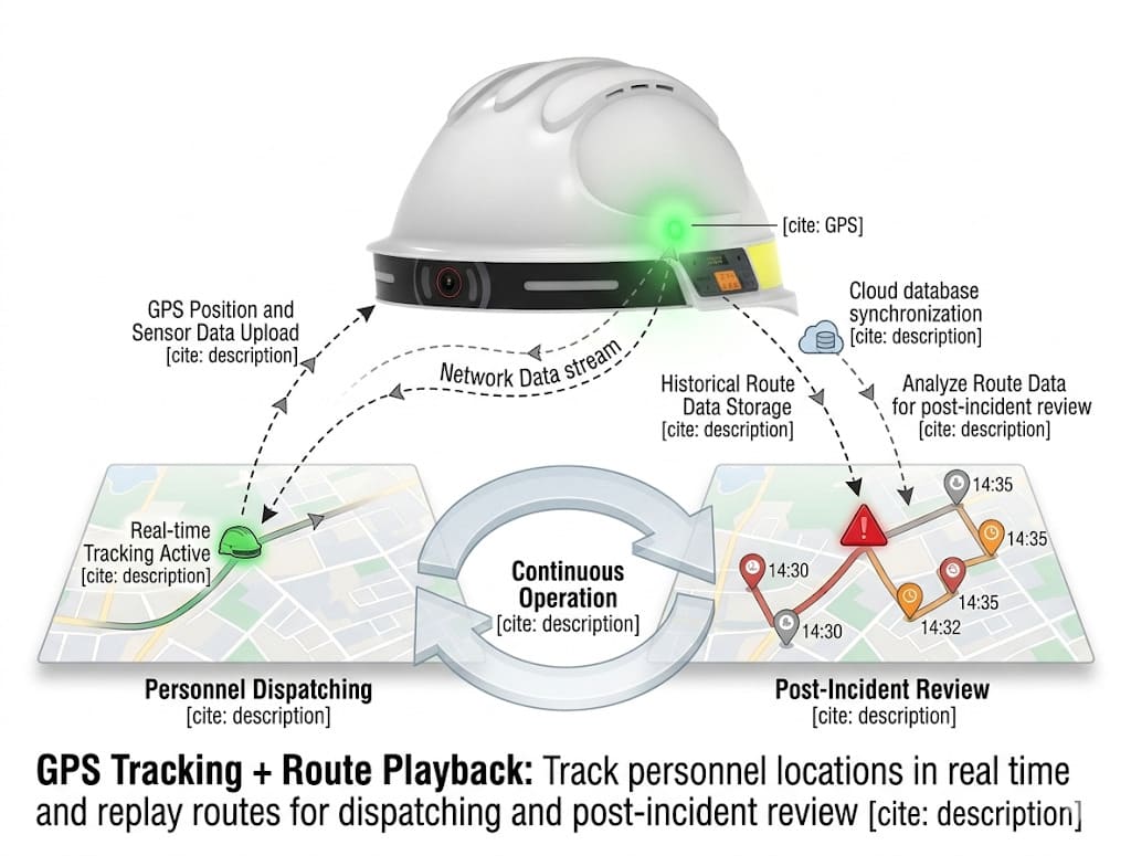 GPS tracking and route playback for personnel dispatching and post-incident review — G808 smart safety helmet