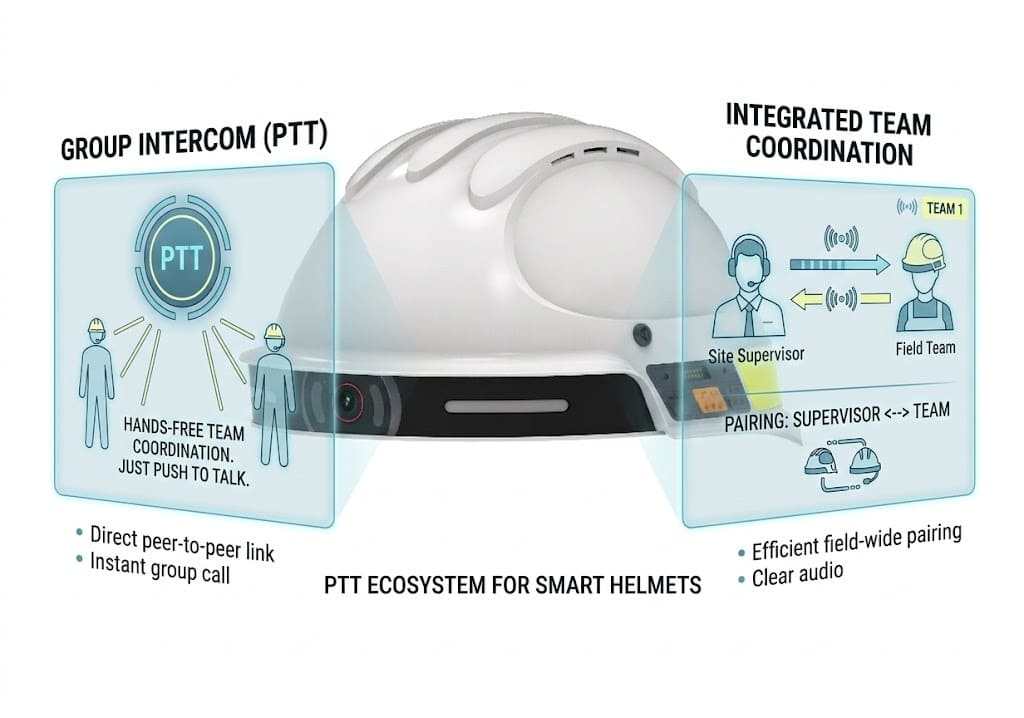 Push-to-talk group intercom for hands-free team coordination — G808 smart safety helmet