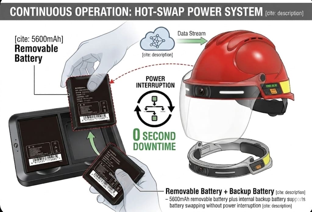 Hot-swap power system with removable battery and backup battery — G808 smart safety helmet