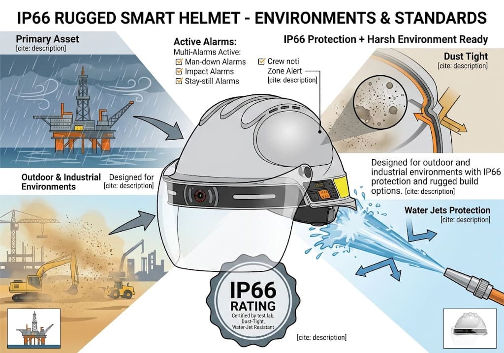 IP66 rugged protection for dust and water jets in harsh environments — G808 smart safety helmet