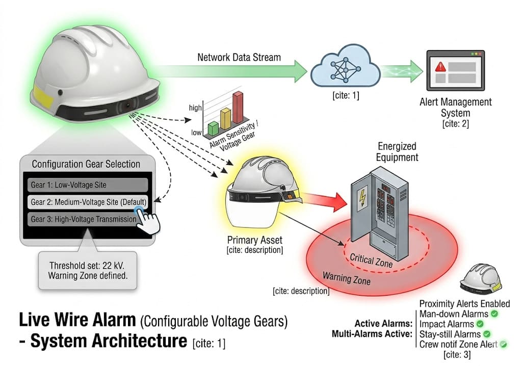 Live wire proximity alarm system architecture with configurable voltage gears — G808 smart safety helmet
