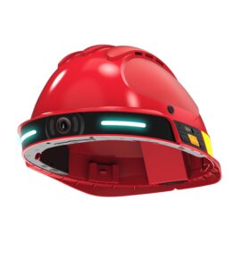 G808 smart safety helmet (red) underside view showing front camera module