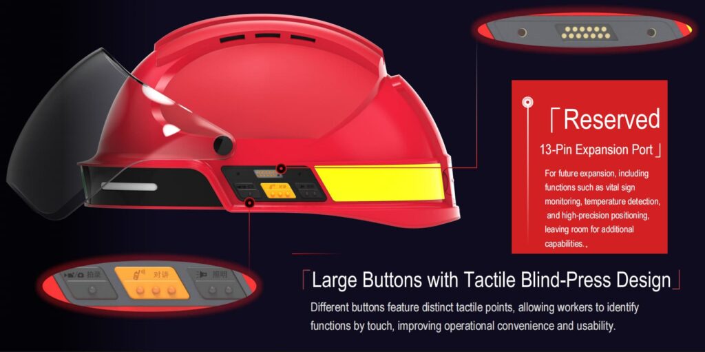 Reserved 13-pin expansion port and tactile button layout design — G808 smart safety helmet