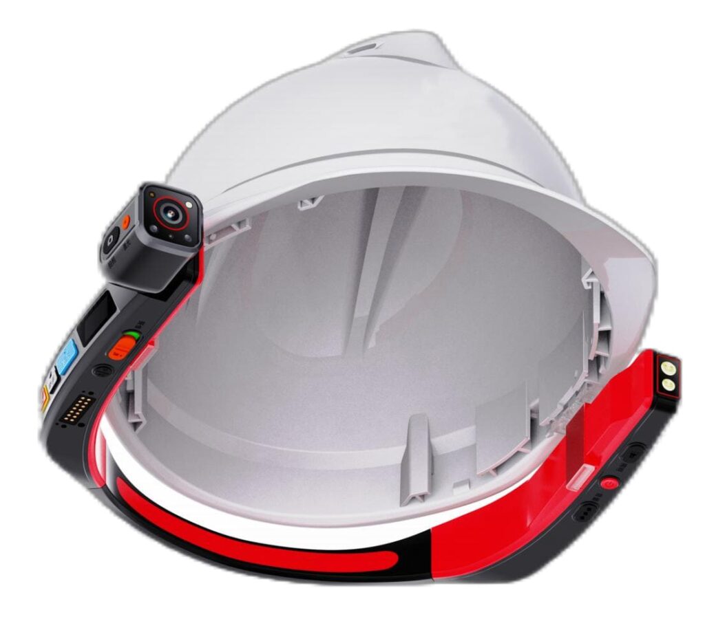 G901 helmet-mounted recorder installed inside a standard safety helmet (retrofit mounting view)