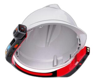 G901 helmet-mounted recorder installed inside a standard safety helmet (retrofit mounting view)