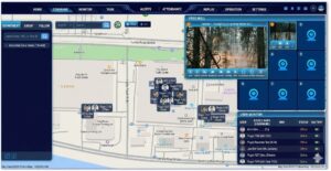 Platform monitoring screen with map view, video wall, and user/device status panel