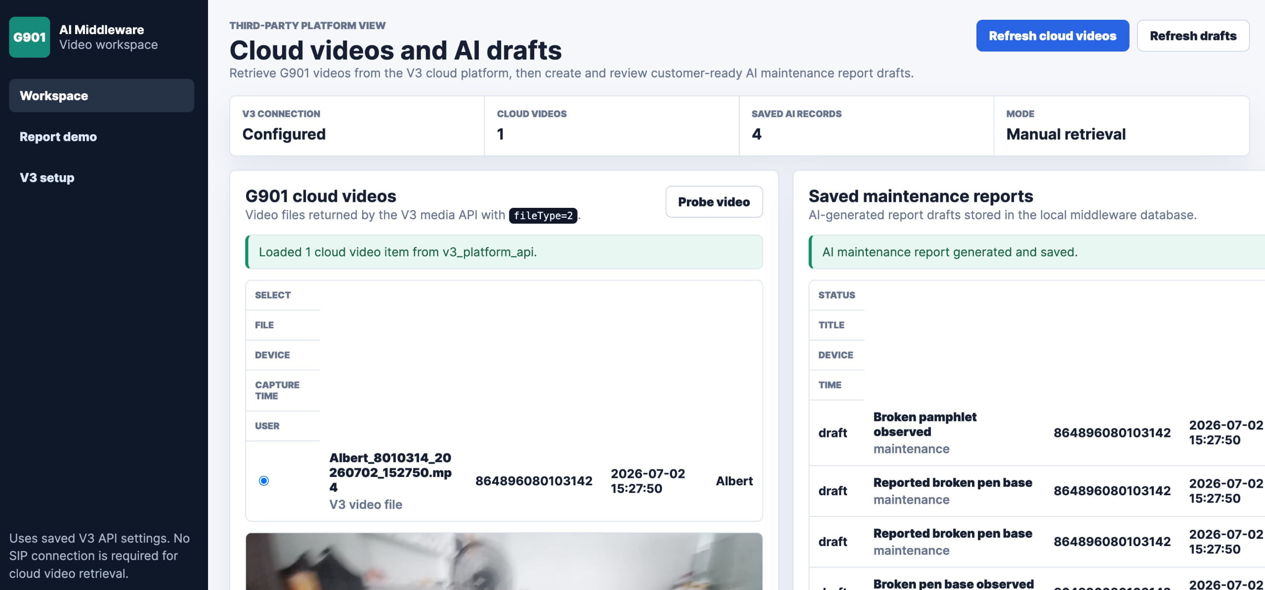 G901 AI middleware workflow diagram showing field video integration with AI-assisted reporting