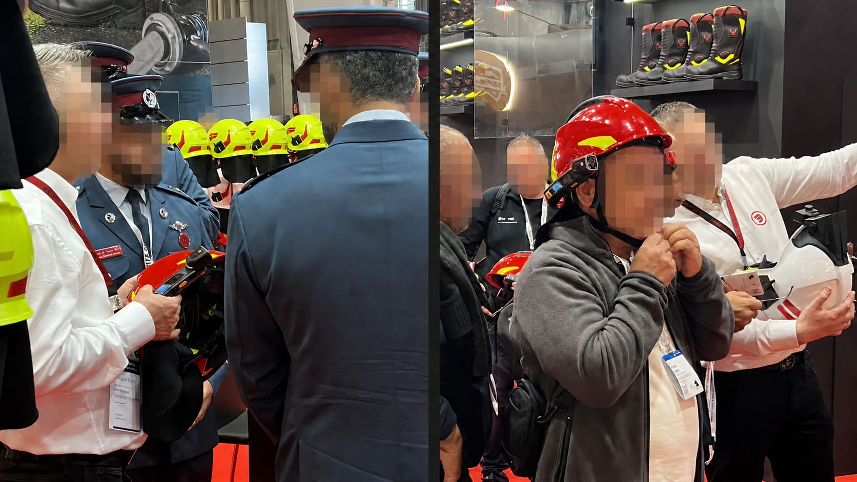 International safety professionals evaluating HelmetSight smart helmet products at an industry exhibition